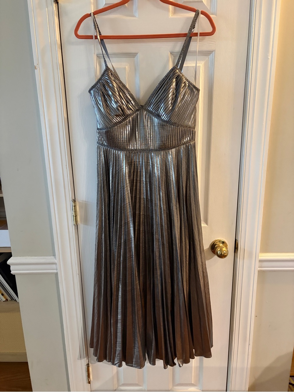 Metallic Silver Pleated Evening Dress with Spaghetti Straps - Picture 2 of 7